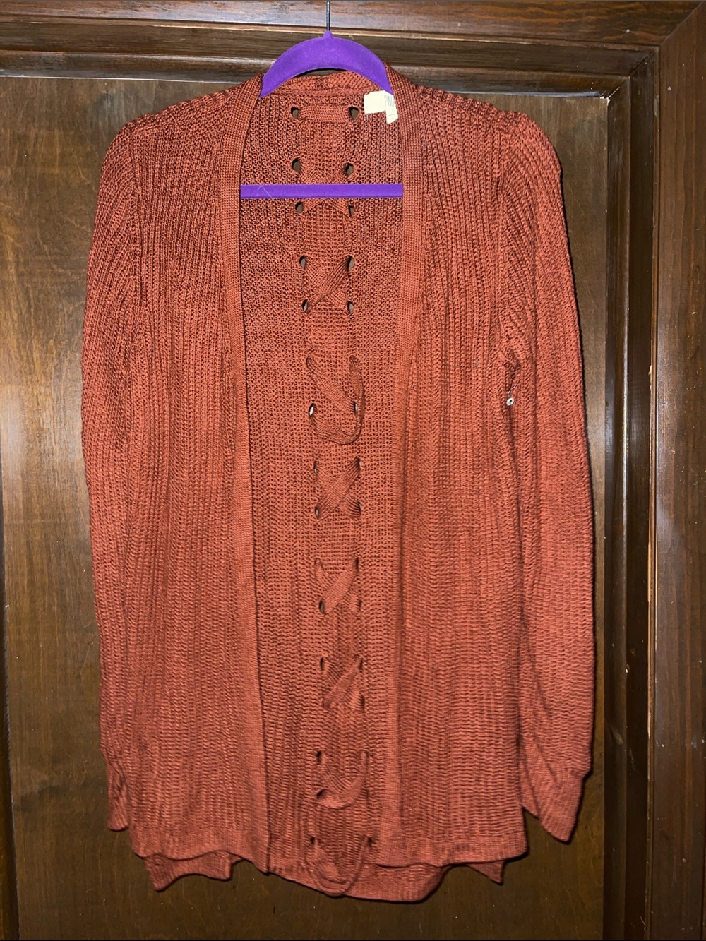 Lace-Up Open Front Cardigan in Rust
